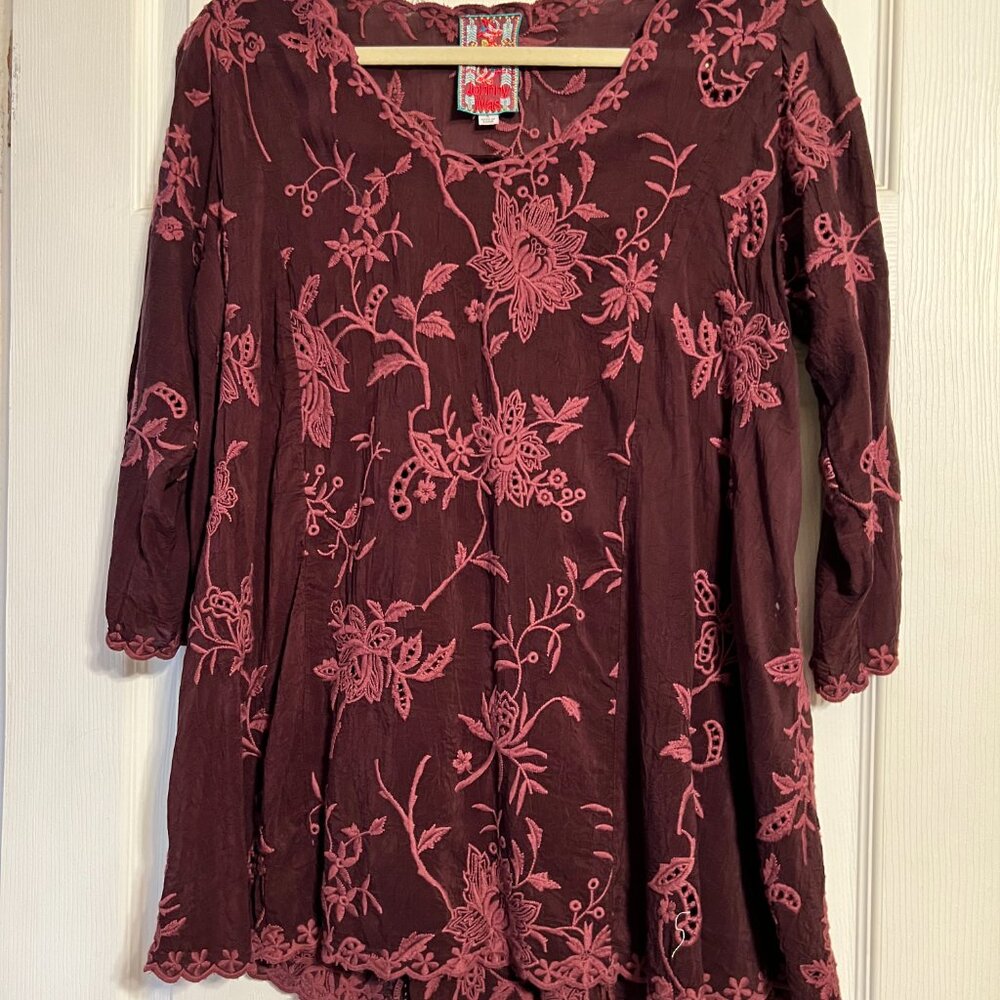 Johnny Was Burgundy Eyelet Tunic Size Small - Great Condition!